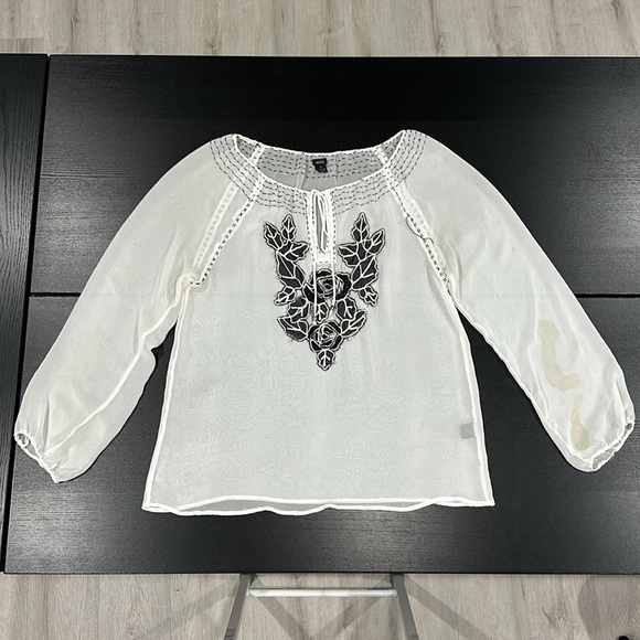 Aziz Sheer White Long Sleeve Blouse with Contrast Stitching and Bead Design - L - Picture 3 of 10